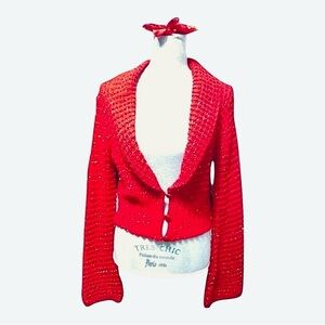 Cool Attitude Red Sequin Knit Cropped Cardigan Sweater with Flare Sleeves
Size S